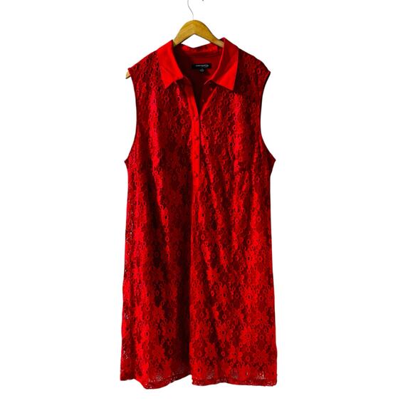 Sharagano Dresses & Skirts - Sharagano Guipure Lace Half Button Up Collared A Line Dress Size 24W Red